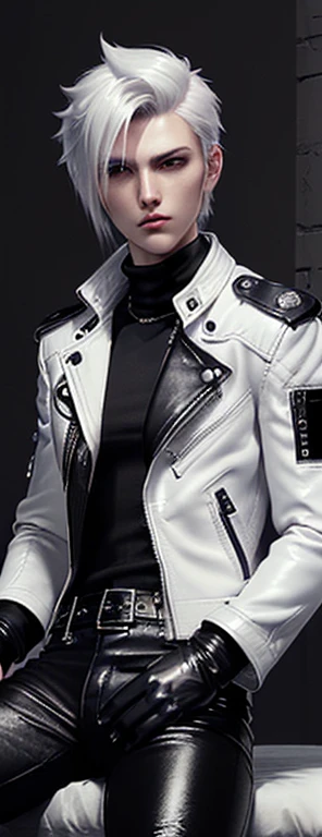 Final Fantasy-style graphics, young, Cute and cool Japanese boys, Thin eyebrows and big eyes,  He is wearing a shiny white single-breasted leather jacket.......。Biker style leather jacket、 with epaulettes,  The jacket is zipped up, The jacket pockets are black., The jacket has a high stand-up collar with a belt, Also wearing a black turtleneck, Black Leather Pants, Thin black leather gloves on both hands, Black leather knee-high lace-up boots, Show me your ((whole body)) from head to toe, Final Fantasy Style、((good looking))、((Age: 20 years old))、((good looking))、((Clear eyes and nose))、((Shiny white single leather jacket))、((The jacket must be white color.))、((The jacket has epaulettes))、((Jacket has a high stand-up collar and belt))、((The jacket has a black pocket))、((Black turtleneck shirt))、((Black Leather Pants))、((Always wear shiny black leather gloves on both hands))、((Cover all fingers on both hands with gloves))、((Black lace-up leather long boots))、((View full-body images from a distance))、Realistic image quality and texture、In a small cell、((close the eyes))、A kind smile、((The front of the jacket is closed with a zipper))、((No skin below the neck))、((round face)、((Short Hairstyleedium build))、((Upright posture))、((don't sit))、((he sleeping with bed))、((he handcuffed both hands))