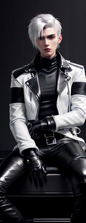 Final Fantasy-style graphics, young, Cute and cool Japanese boys, Thin eyebrows and big eyes,  He is wearing a shiny white single-breasted leather jacket.......。Biker style leather jacket、 with epaulettes,  The jacket is zipped up, The jacket pockets are black., The jacket has a high stand-up collar with a belt, Also wearing a black turtleneck, Black Leather Pants, Thin black leather gloves on both hands, Black leather knee-high lace-up boots, Show me your ((whole body)) from head to toe, Final Fantasy Style、((good looking))、((Age: 20 years old))、((good looking))、((Clear eyes and nose))、((Shiny white single leather jacket))、((The jacket must be white color.))、((The jacket has epaulettes))、((Jacket has a high stand-up collar and belt))、((The jacket has a black pocket))、((Black turtleneck shirt))、((Black Leather Pants))、((Always wear shiny black leather gloves on both hands))、((Cover all fingers on both hands with gloves))、((Black lace-up leather long boots))、((View full-body images from a distance))、Realistic image quality and texture、In a small cell、((close the eyes))、A kind smile、((The front of the jacket is closed with a zipper))、((No skin below the neck))、((round face)、((Short Hairstyleedium build))、((Upright posture))、((don't sit))、((he sleeping with bed))、((he handcuffed both hands))