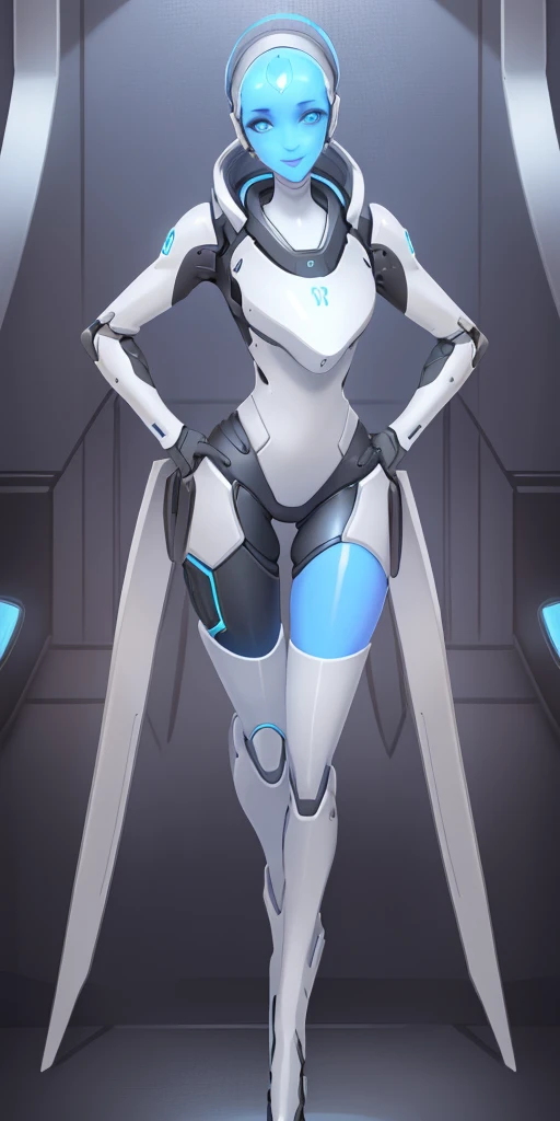 (echo from overwatch) 1solo Milf full body standing straight symmetrical, looking at viewer, hands on hips, twin drills twintails, striped pantyhose, golden handcuffs on their hands with a black leather collar around the golden heart necklace, hands on hips, lustful smirking smile face red blushed