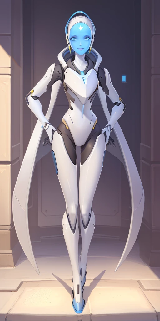 (echo from overwatch) 1solo Milf full body standing straight symmetrical, looking at viewer, hands on hips, twin drills twintails, striped pantyhose, golden handcuffs on their hands with a black leather collar around the golden heart necklace, hands on hips, lustful smirking smile face red blushed