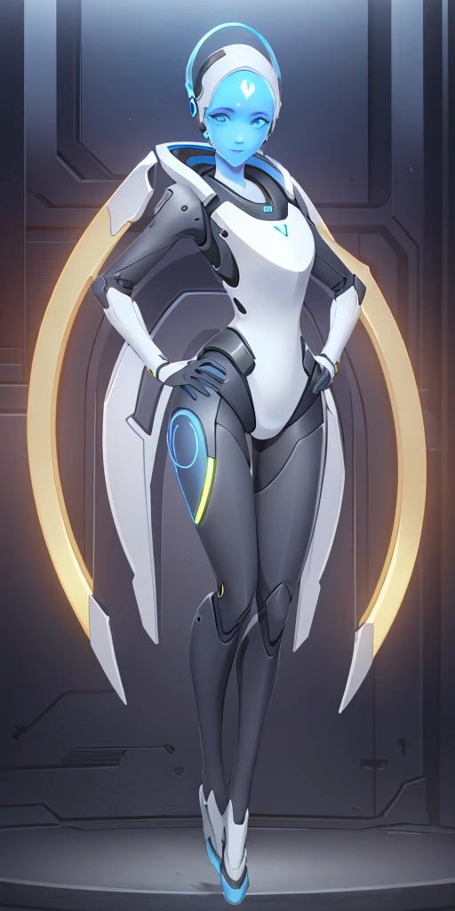 (echo from overwatch) 1solo Milf full body standing straight symmetrical, looking at viewer, hands on hips, twin drills twintails, striped pantyhose, golden handcuffs on their hands with a black leather collar around the golden heart necklace, hands on hips, lustful smirking smile face red blushed