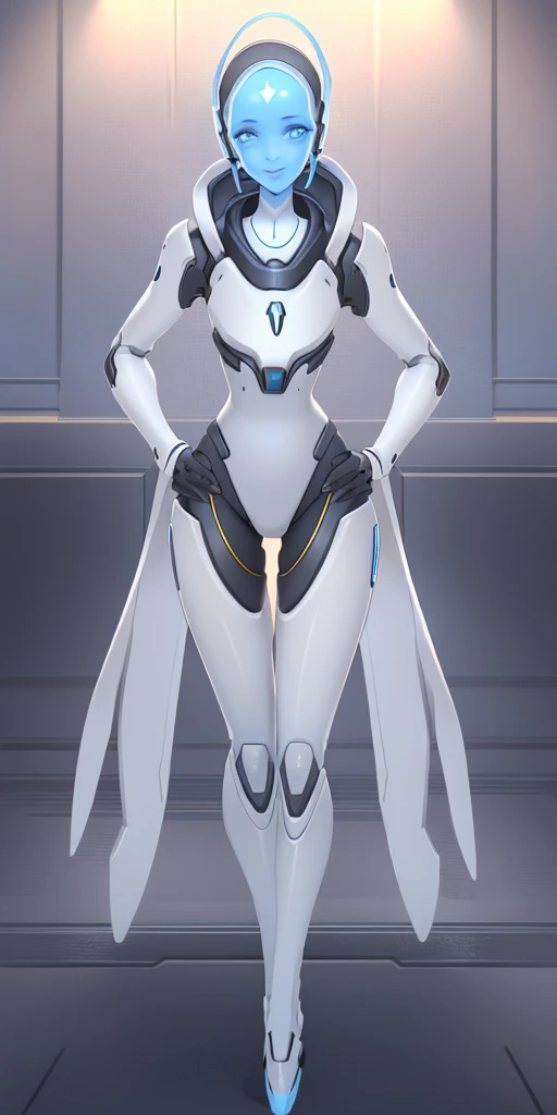 (echo from overwatch) 1solo Milf full body standing straight symmetrical, looking at viewer, hands on hips, twin drills twintails, striped pantyhose, golden handcuffs on their hands with a black leather collar around the golden heart necklace, hands on hips, lustful smirking smile face red blushed