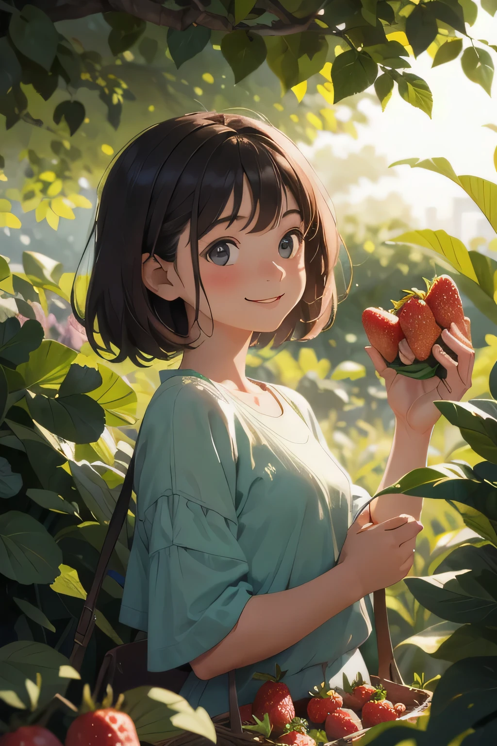 , Focus on girls,Depth of Field,Translucent layer, Integrate with plants, fluid texture, Subtle tones, organic form, Poetic atmosphere, BREAK Picking strawberries from the garden with a smile,