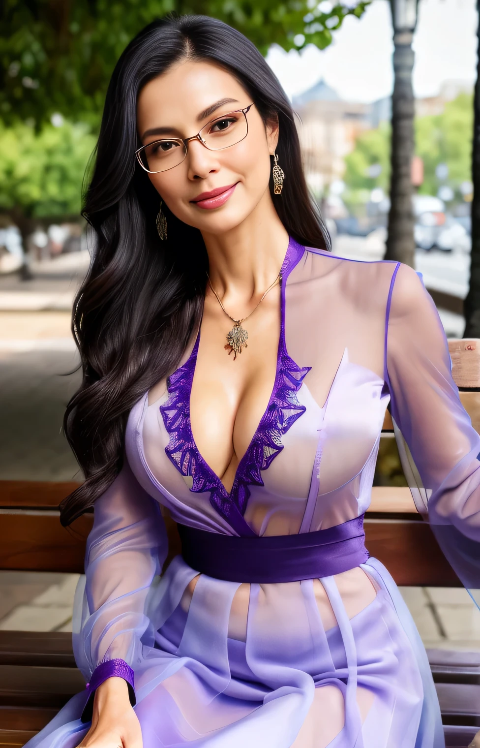 Professional, High level of detail, close up photo (attractive mature 55yo woman:1.3),very long black hair with hair ribbon, tied up, gray eyes, (wearing long sleeve white transparent satin kebaya with detailes red purple batik ornament, long skirt)1.455,ray tracing, natural lighting, (seductive:1.1), (blushing:1.1 ), (classy, elegant, dandy)1.2, (round big breasts)1.2 (pokies)1.3, (toned body, hourglass body shape) (wipe hips), (full body with visible face and eyes)1.5, glasses, earnings, big tree, sit down at bench, city, necklace, tattoo on breast, crossed leg, shy smile, pink lips