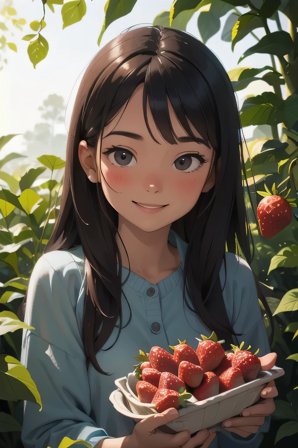 , Focus on girls,Depth of Field,Translucent layer, Integrate with plants, fluid texture, Subtle tones, organic form, Poetic atmosphere, BREAK Picking strawberries from the garden with a smile,