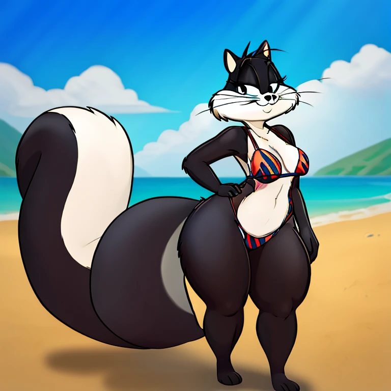 a anthropomorphic white descent female mink wearing a red swimsuit and has y thighs and walking in the beach in the furry animation style in comic aesthetic