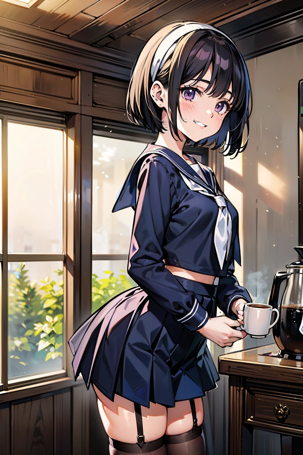 sailor uniform, sailor suit, one woman, (A beauty woman, Delicate high school girl:1.3), 8K, highest quality, masterpiece, Very detailed, Ultra-high resolution, Realistic, RAW Photos, Absolute Resolution, Black Hair, Bobcut, Small face compared to body, Very small face, Black Hair, Navy blue sailor suit, Navy Blue Skirt, High school girl in sailor suit, 2D Rendering of Anime, Realistic若いアニメの女子高生, , ((White headband)), Small breasts, tall, Slanted Eyes, Purple Eyes, Black Stockings, garter belt, ttoothy grin, Private room, (Hold the coffee pot in your right hand　Holding a cookie in the left hand:1.3), Top-down position,