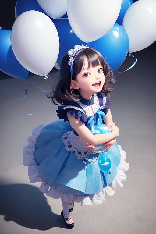 a 9 years old girl, holding balloons, (((full body))), real photo, looking above at me, laughing,looks fun,Cheerful, blue