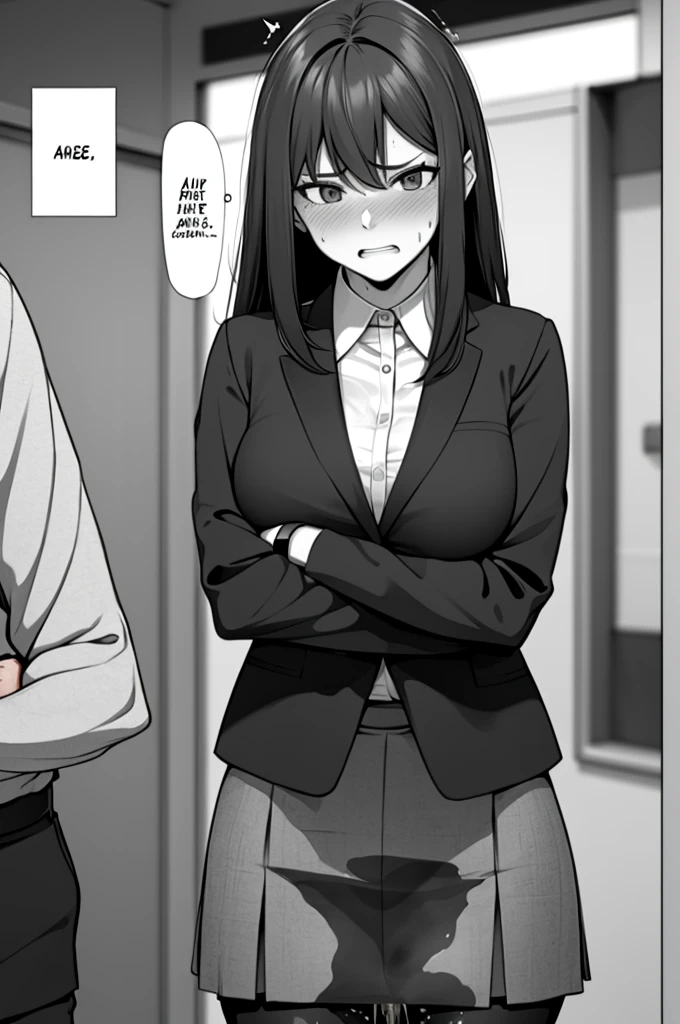 A woman with long black hair, wearing a business outfit consisting of a suit, (pencil skirt:1.25), and pantyhose, stands in a monochrome setting. The artwork is inspired by manga and incorporates a doujin style. The woman appears to be (wetting herself:1.5), which causes her to feel embarrassed and humiliated, resulting in a blush on her face. In addition, there is an air of anger in her expression. The lighting in the scene is moody, with a spotlight highlighting the woman's figure. She is crossing her arms, (arms crossed:1.75), fully showcasing her skirt., medium breasts