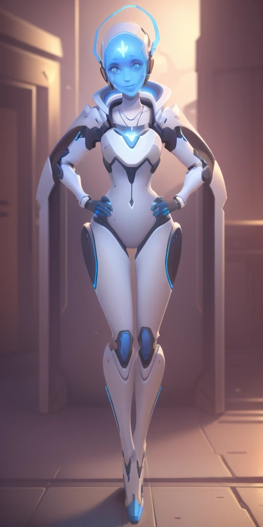 (echo from overwatch) 1solo Milf full body standing straight symmetrical, looking at viewer, hands on hips, twin drills twintails, striped pantyhose, golden handcuffs on their hands with a black leather collar around the golden heart necklace, hands on hips, lustful smirking smile face red blushed