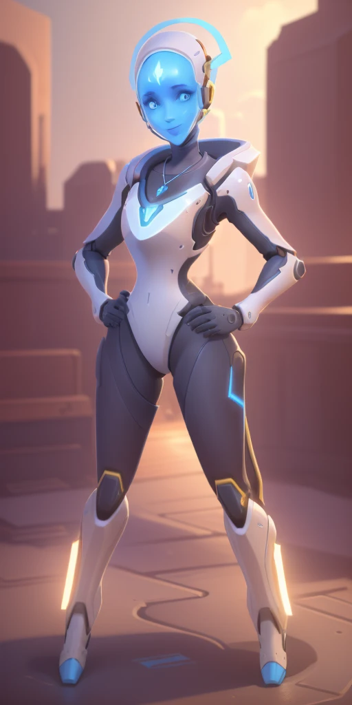 (echo from overwatch) 1solo Milf full body standing straight symmetrical, looking at viewer, hands on hips, twin drills twintails, striped pantyhose, golden handcuffs on their hands with a black leather collar around the golden heart necklace, hands on hips, lustful smirking smile face red blushed