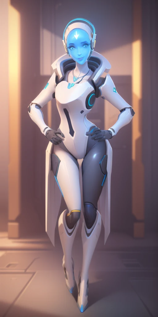 (echo from overwatch) 1solo Milf full body standing straight symmetrical, looking at viewer, hands on hips, twin drills twintails, striped pantyhose, golden handcuffs on their hands with a black leather collar around the golden heart necklace, hands on hips, lustful smirking smile face red blushed