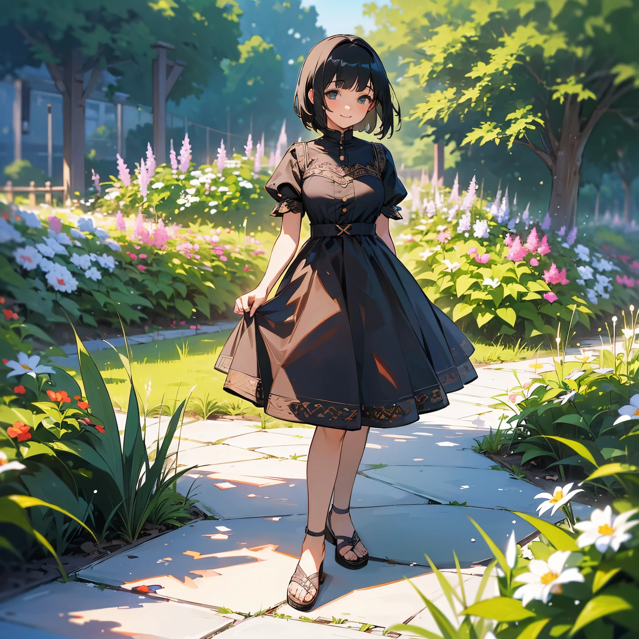 (high quality, High resolution, Very detailed, reality:1.37), Peaceful atmosphere, (Outdoor, garden), age girl standing alone, (my breasts are big.), Beautiful details, Cute Smile, (Black bob hair), White short-sleeved dress, Sandals.