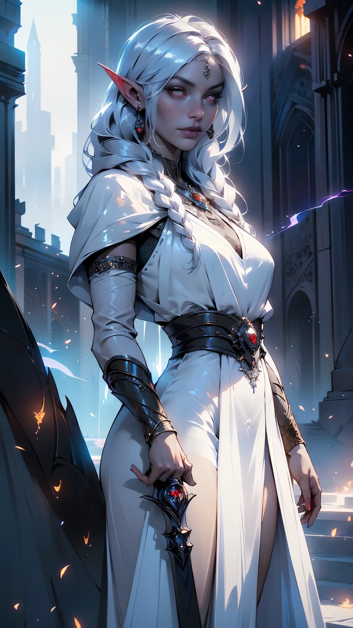 1girl, sexy drow, elfa de peito grande morena skin, pale silver long elaborate braids, ((red eyes)), jewels, elf ears, earrings, ((white sorceress sexy dress)), ((wields staff)), ((cast light magic)), on a roof of scyscraper, athletic, volumetric lighting, best quality, masterpiece, realistic, anatomically correct, (strong cinematic lighting), stunning details, intricate details, 8k post-production, High resolution, super details, trending on ArtStation, sharp focus, depth of field f/1.8, studio photos, (((looking at camera))), ,(Fondo de ruinas de mazmorra en ruinas:1.4 ), (Detalles de la cara: 1.5) ,( ojos hermosos , hermoso rostro, ojos bonitos, labios delgados: 1.5) , Thin, sharp pale eyebrows, Long, dark eyelashes, double tabs),(Obra maestra: 1.4), (8K, realista, foto cruda, La mejor calidad: 1.4),(dedos perfectas: 1.4) , (rear view, backside view),solo, (no mutaciones)