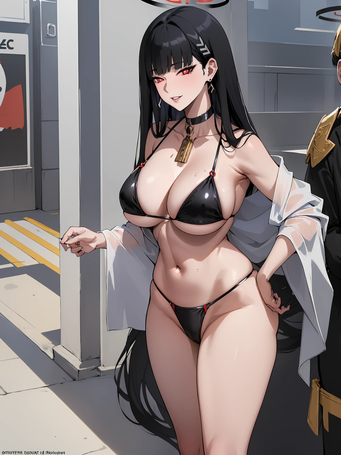 (((absurdres))), (((masterpiece))), (((best quality))), ((ultra-detailed)), ultra high quality, realistic, (real picture, intricate details, depth of field), ((((1girl, solo)))), make up, parted lips, highly-detailed, perfect face, (((mature woman, milf, skindentation))), ((huge breasts, wide hips, toned abdomen)), tall, glossy lips, sexy, blushing, ((black hair hair, blunt bangs, long hair)), ((beautiful red eyes)), ((earrings, hairpin, halo, hair ornaments, choker)), (((black bikini))), smile, ((standing)), beach