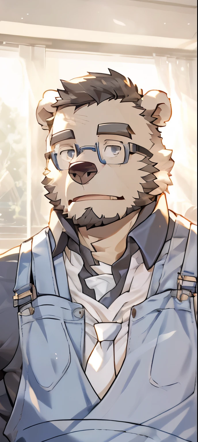 hairy，((hairy art))，((White bear))，((((No beard))))，((No beard))，((Blue overalls))，((White tie))，bedroom，((Black glasses))，((Round glasses))，((Black eyes))，night，((detailed))，Best picture quality，masterpiece，8k，High-definition quality