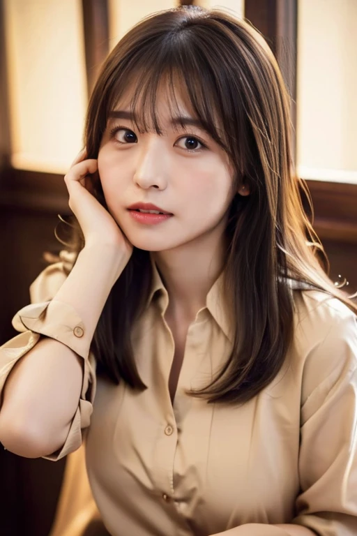 8K, top-quality, ​masterpiece, realisitic, Photorealsitic, ultra-detailliert, Natural sunlight, extremely detailed face and skin, A detailed eye, Highly detailed face-to-skin intermediate shots, Beautiful woman looking at camera, sexy  pose, Beautiful face, Realistic face, Detailed face, Beautiful hairstyle, Realistic eyes, Detailed eyes, Realistic skin, Detailed skin, Beautiful skin, Attractive, A hyper-realistic, Sexy cardigan, Gentle, Brown hair, cute Japanese girls, Full body