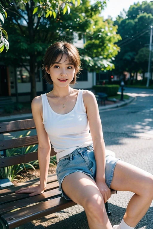 (8k, highest quality, masterpiece: 1.2), ultra detail, best quality, ultra high resolution, professional lighting, photon mapping, radiosity, physically based rendering, cinematic lighting, depth of field, focusing, sun rays, good composition, (bokeh: 1.2), 1 girl, (full body), smile, beautiful eyes, pose, brown hair, short hair, seashore, skirt, tank top, sitting on bench,open legs,white panties,nice legs,
Completed15% 
