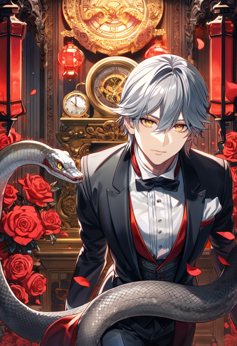 anime character playing roulette in a casino with many cards, shigenori soejima illustration, white fox anime, white haired fox, silver haired madman, hajime yatate, nagito komaeda, best anime 4k konachan wallpaper, male anime character, white haired god, detailed anime character art, golden playing card illustration
