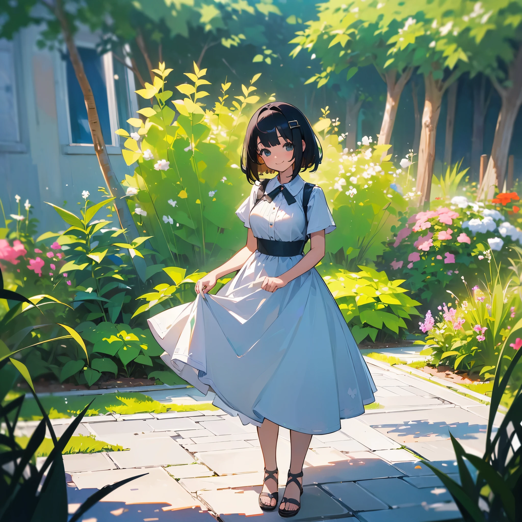 (high quality, High resolution, Very detailed, reality:1.37), Peaceful atmosphere, (Outdoor, garden), age girl standing alone, (my breasts are big.), Beautiful details, Cute Smile, (Black bob hair), White short-sleeved dress, Sandals.