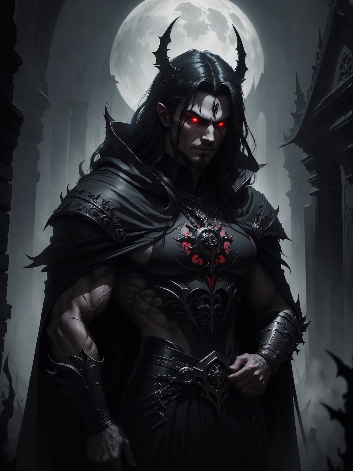a dark muscular male evil lord, long flowing black hair, black and red cloak, piercing red eyes, menacing expression, powerful aura, standing in a dimly lit chamber,, casting eerie shadows, , adorned with intricate details, with a sinister grin, exuding an aura of darkness, with an intimidating presence, in a gothic castle, with imposing architecture, shrouded in mist, under a blood-red moon, with a storm brewing in the background, creating a foreboding atmosphere, reminiscent of a dark fantasy novel cover, with a dramatic lighting, emphasizing the contrast between light and shadow, evoking a sense of mystery and danger, with a touch of supernatural elements and captivating artistry."