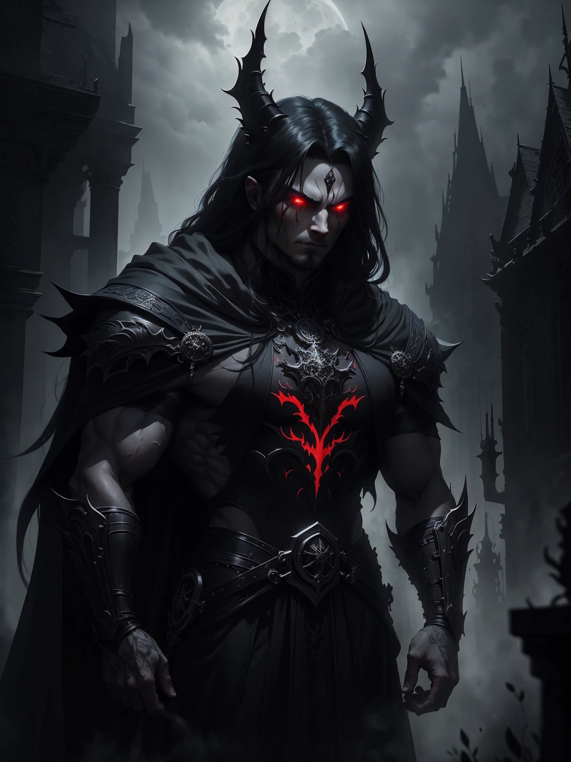 a dark muscular male evil lord, long flowing black hair, black and red cloak, piercing red eyes, menacing expression, powerful aura, standing in a dimly lit chamber,, casting eerie shadows, , adorned with intricate details, with a sinister grin, exuding an aura of darkness, with an intimidating presence, in a gothic castle, with imposing architecture, shrouded in mist, under a blood-red moon, with a storm brewing in the background, creating a foreboding atmosphere, reminiscent of a dark fantasy novel cover, with a dramatic lighting, emphasizing the contrast between light and shadow, evoking a sense of mystery and danger, with a touch of supernatural elements and captivating artistry."