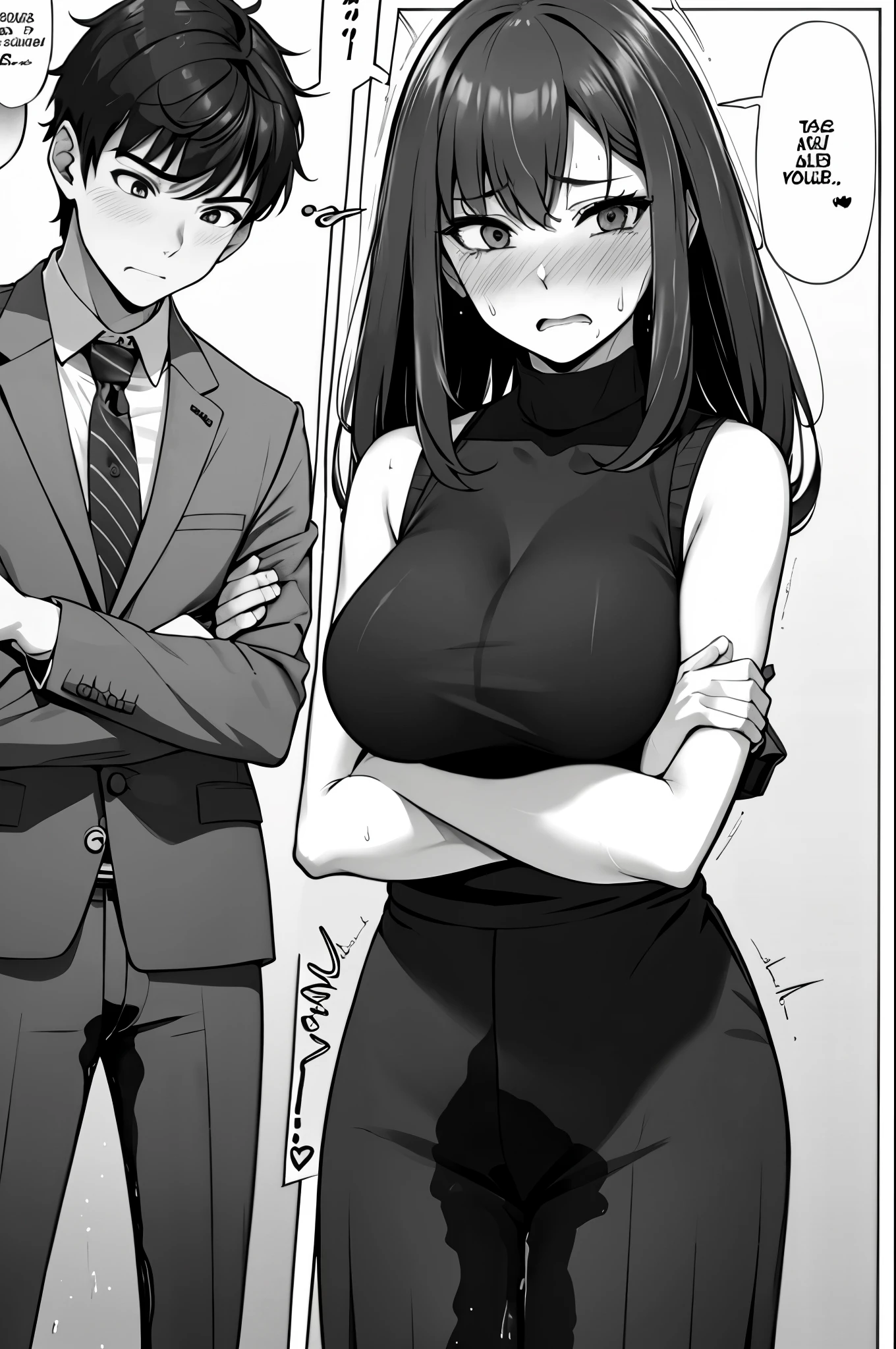 A woman with long black hair, wearing a business outfit consisting of a suit, (pencil skirt:1.25), and pantyhose, stands in a monochrome setting. The artwork is inspired by manga and incorporates a doujin style. The woman appears to be (wetting herself:1.5), which causes her to feel embarrassed and humiliated, resulting in a blush on her face. In addition, there is an air of anger in her expression. The lighting in the scene is moody, with a spotlight highlighting the woman's figure. She is crossing her arms, (arms crossed:1.75), fully showcasing her skirt., medium breasts