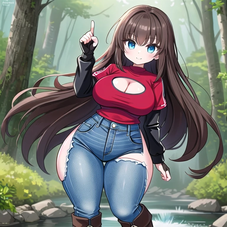 A Beautiful Incredibly Thick Girl, (18 years-old), with (Lush, Long Dark-Brown Hair), (Big Beautiful Blue Eyes), ((Excessively Huge, Extremely Overinflated Breasts)), (Excessively Exaggeratedly Ridiculously Big Breasted), super Wide hips, muscular, and has a Very Athletic but curvy/thick figure. Wearing a ((tight fitting Black-Leather-Jacket)), (slightly cropped, big cleavage Red Shirt), (Heavily-worn, Dark-Blue Jeans), Dark-Grey Boots, and (worn, Fingerless, Black Gloves). (Standing in a Dense Forest), with a small creek in the background, confident and brave expression, and a soft grin, holding up her Right Fist in a victory pose, ((Solo)), ((Masterpiece)), ((Best Quality)), ((Best Detail)), (Perfect Anatomy), ((Perfectly Drawn Fingers)),