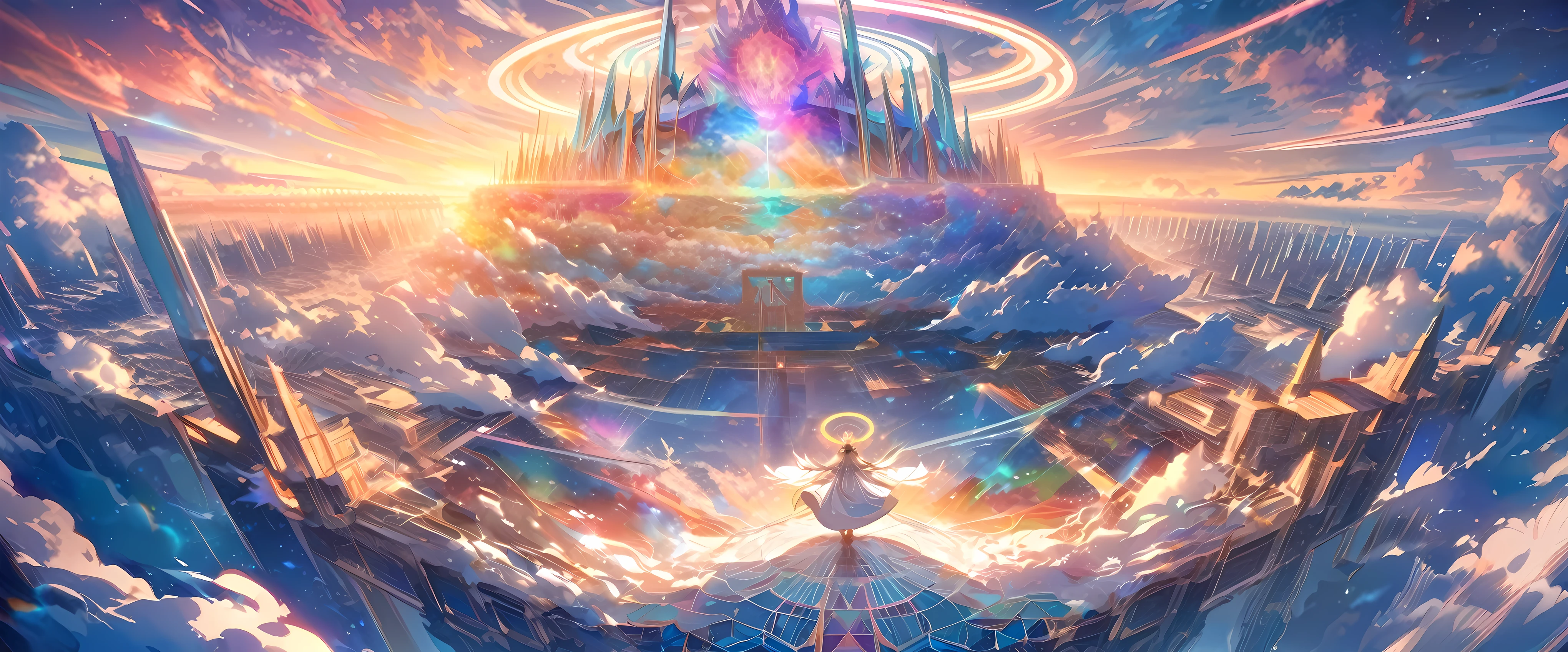angelic, detailed woman with outstretched arms, woman wearing a robe, a halo of angels above the woman, vast celestial temple with open columns and a floor, floor, sunrise, horizon, in the sky, sea of clouds,colorful,high-res,8K)