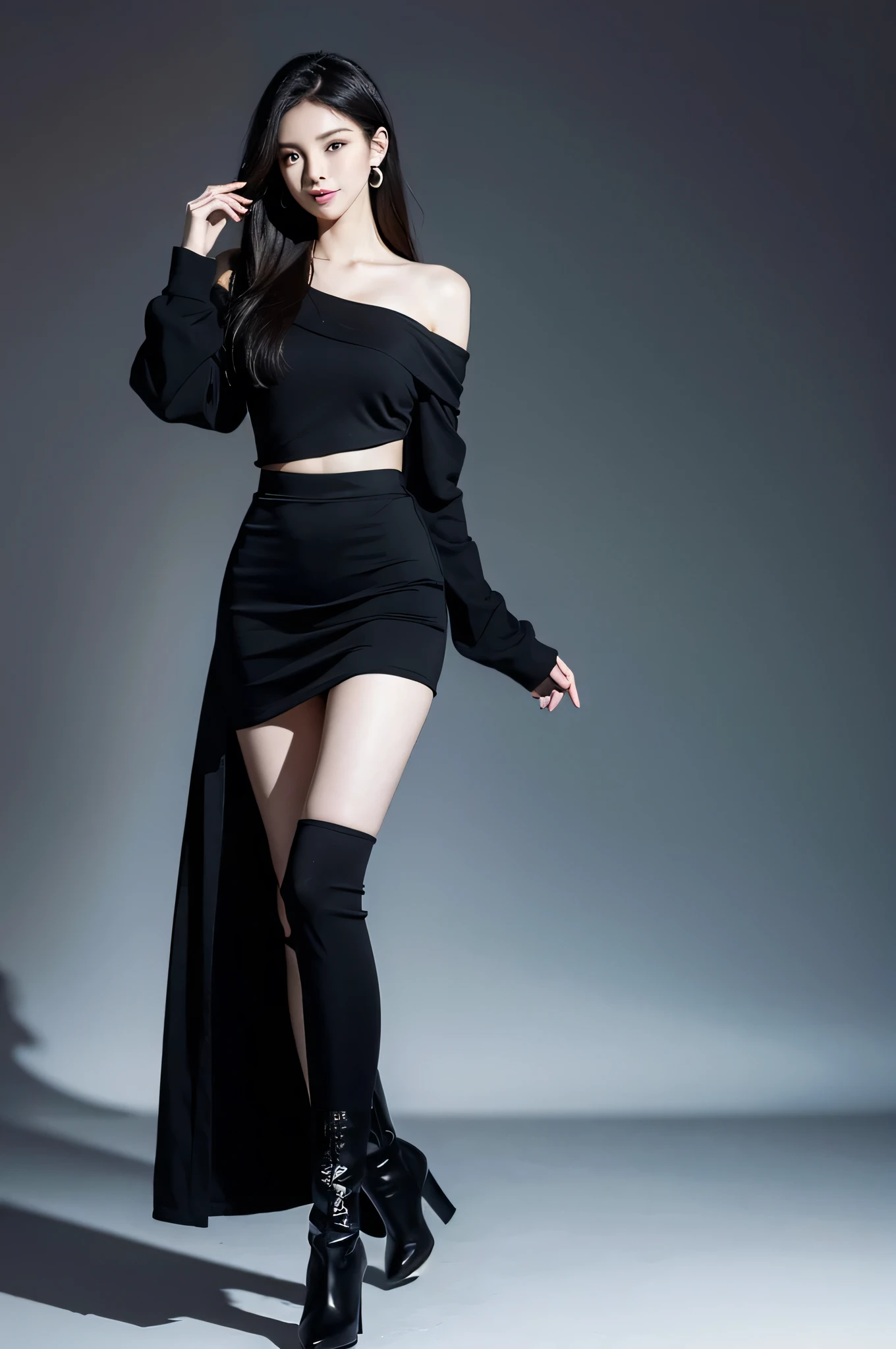 (best quality)(1 kpop female idol 18 years old)((Pose) standing facing viewer, left hand on left hip, left leg front, right hand on lips, seducing smile)((Outfit) black off shoulder jacket, black inner shirt, black tight skirt, long black stockings, black boots)((Body feature) 3 layer hairstyle, almond shape eye, slim oval face, hourglass body type, pale skin)((Background)high exclusive curtain)