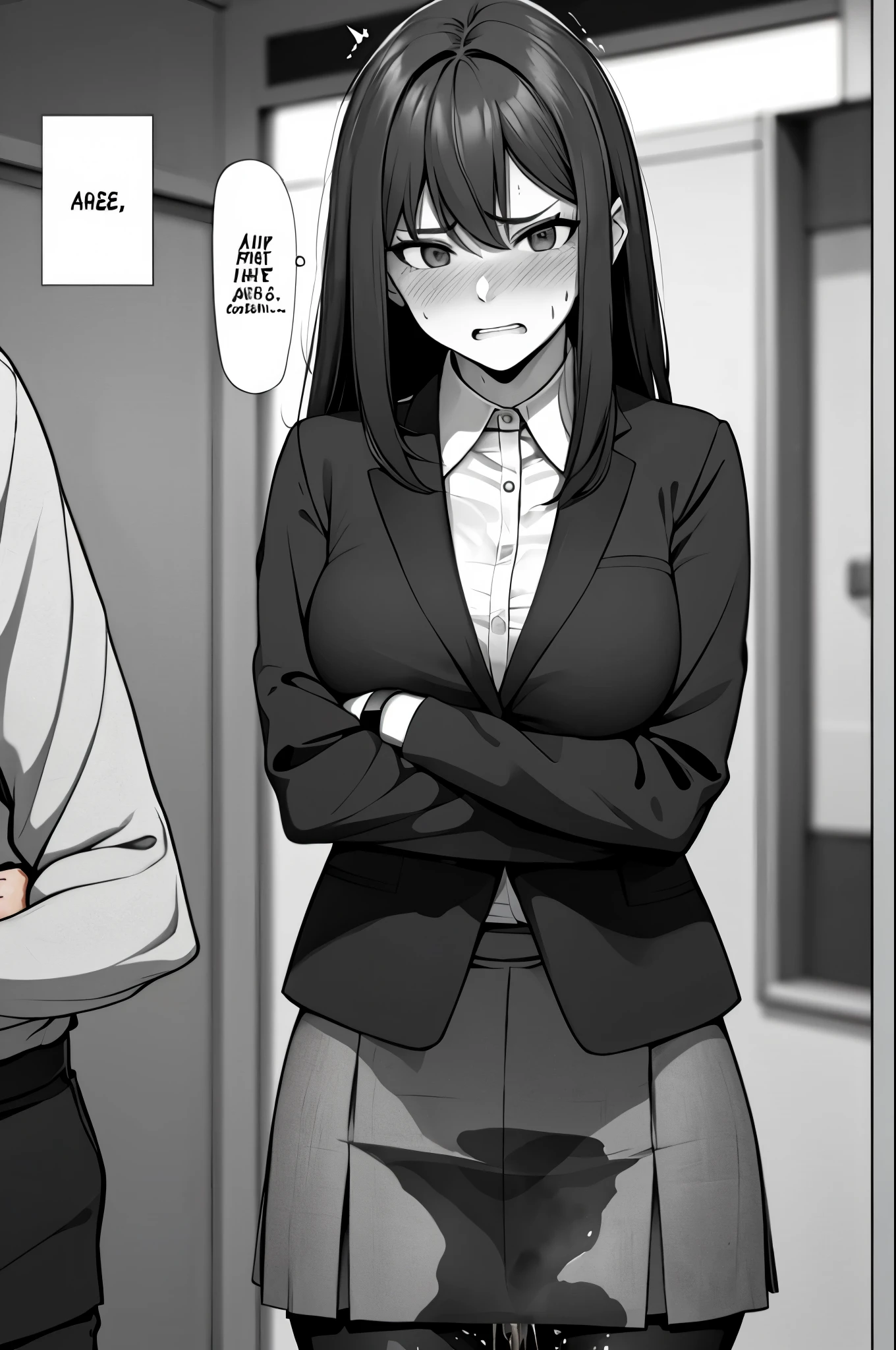 A woman with long black hair, wearing a business outfit consisting of a suit, (pencil skirt:1.25), and pantyhose, stands in a monochrome setting. The artwork is inspired by manga and incorporates a doujin style. The woman appears to be (wetting herself:1.5), which causes her to feel embarrassed and humiliated, resulting in a blush on her face. In addition, there is an air of anger in her expression. The lighting in the scene is moody, with a spotlight highlighting the woman's figure. She is crossing her arms, (arms crossed:1.75), fully showcasing her skirt., medium breasts