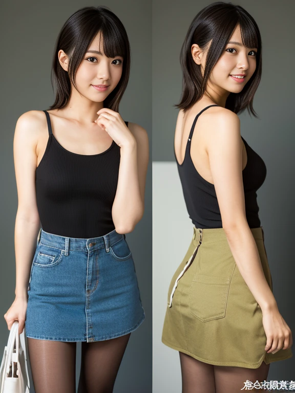 Face :9,503917907], Upper class real college girl、Wearing a short skirt and tank top、 (wearing pantyhose、very realistic pantyhose)、Height: 165cm, japanese model, short layered hair、japanese girl, Neat and clean Japan woman, laughter、japanese goddess, innocence、realistic pantyhose、RAW photo, (8k、highest quality、masterpiece:1.2)、(intricate details:1.4)、(Photoreal:1.4)、octane rendering、Ultra-detailed complex 3D renderings, studio light, rim light, vivid details, super detail, realistic pantyhose、realistic skin texture, details face, beautiful detailed eyes, Highly detailed CG Unity 16k wallpaper, compensate, (detailed background:1.2), shiny skin、looked back、exposed thighs!!!