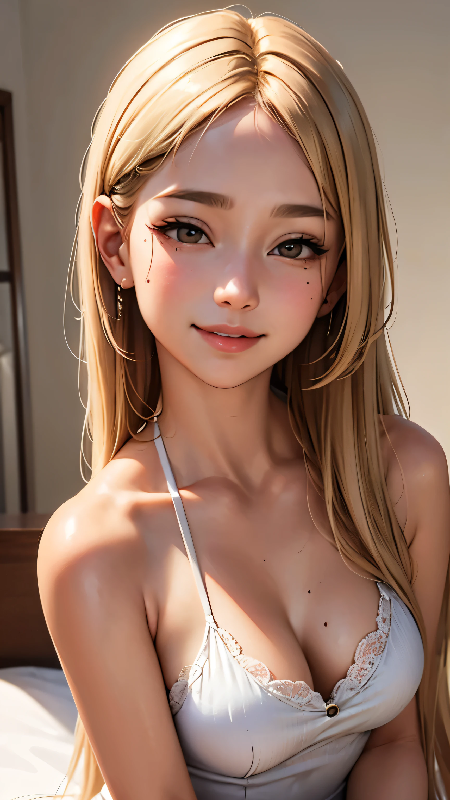 masterpiece, highest quality,Face-to-face audience, Upper body,Middle-aged women,Greek Goddess Attitude, Melon seed face, ((Long, narrow eyes)), Mole under the eye,Brown eyeball, Thin lips, blonde, Very long hair, Laugh with your mouth closed,40 year old mature woman, self-portrait, Simple Background,Thin legs,Close your eyes and smile,The happi coat is open
