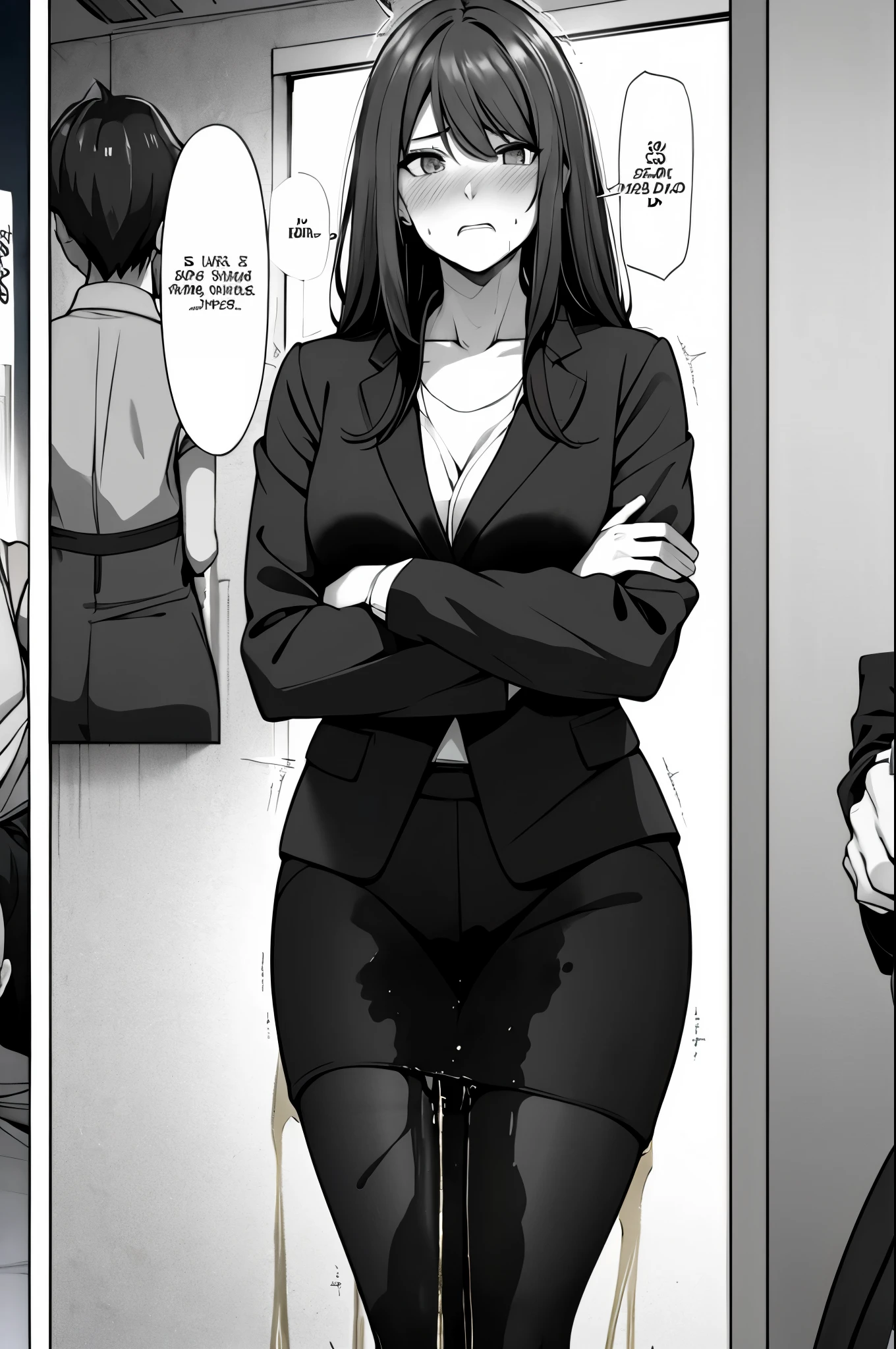 A woman with very long (black hair:1.5), wearing a business outfit consisting of a suit and tight pants, stands in a (monochrome:1.25) setting. The artwork is inspired by manga and incorporates a doujin style. The woman appears to be (wetting herself:1.5), which causes her to feel embarrassed and humiliated, resulting in a blush on her face. In addition, there is an air of anger in her expression. The lighting in the scene is moody, with a spotlight highlighting the woman's figure. She is crossing her arms, (arms crossed:1.5), fully showcasing her pants., medium breasts