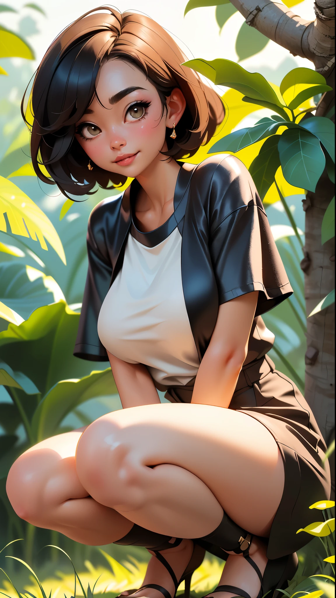 (Best quality, 8k, 32k, Masterpiece, UHD:1.2),Photo of Pretty Japanese woman,black short hair,beauty face,(leaning forward:1.3),squatting,(from above:1.2),(close up:1.4),pov,,looking at another,smile, loose t-shirt,large breasts,beautiful nipple slip,outdoors,windy,shiny skin,blurry background