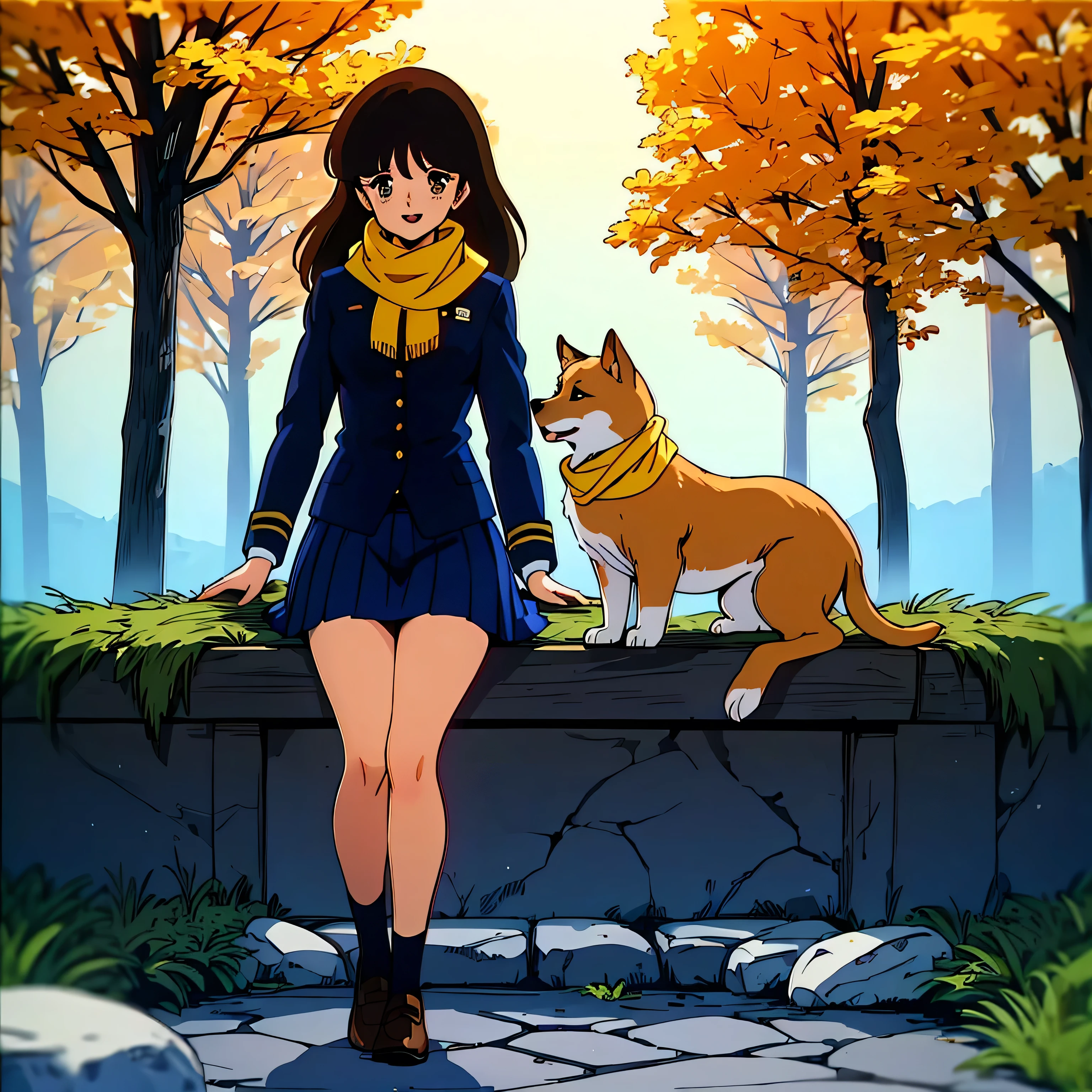 (Masterpiece Anime, One, Retro art style, Clean brush strokes, Very detailed, Perfect Anatomy, Browsing Caution), winter park background, Cobblestones, Trees with fallen leaves, Dead leaves are dancing, (cream_ami), １Girl, (Full Body Shot), Eyebrows visible through hair, bangs, Dark brown hair, Long Hair, brown eyes, (Sansakumaru:1.4), (Beautiful and detailed:1.2), Open your mouth a little, smile, (Sitting), (On top of uniform, Navy blue), (Uniform skirt, Navy blue), (Wearing a yellow scarf), (Petting a puppy), Leather student bag, 