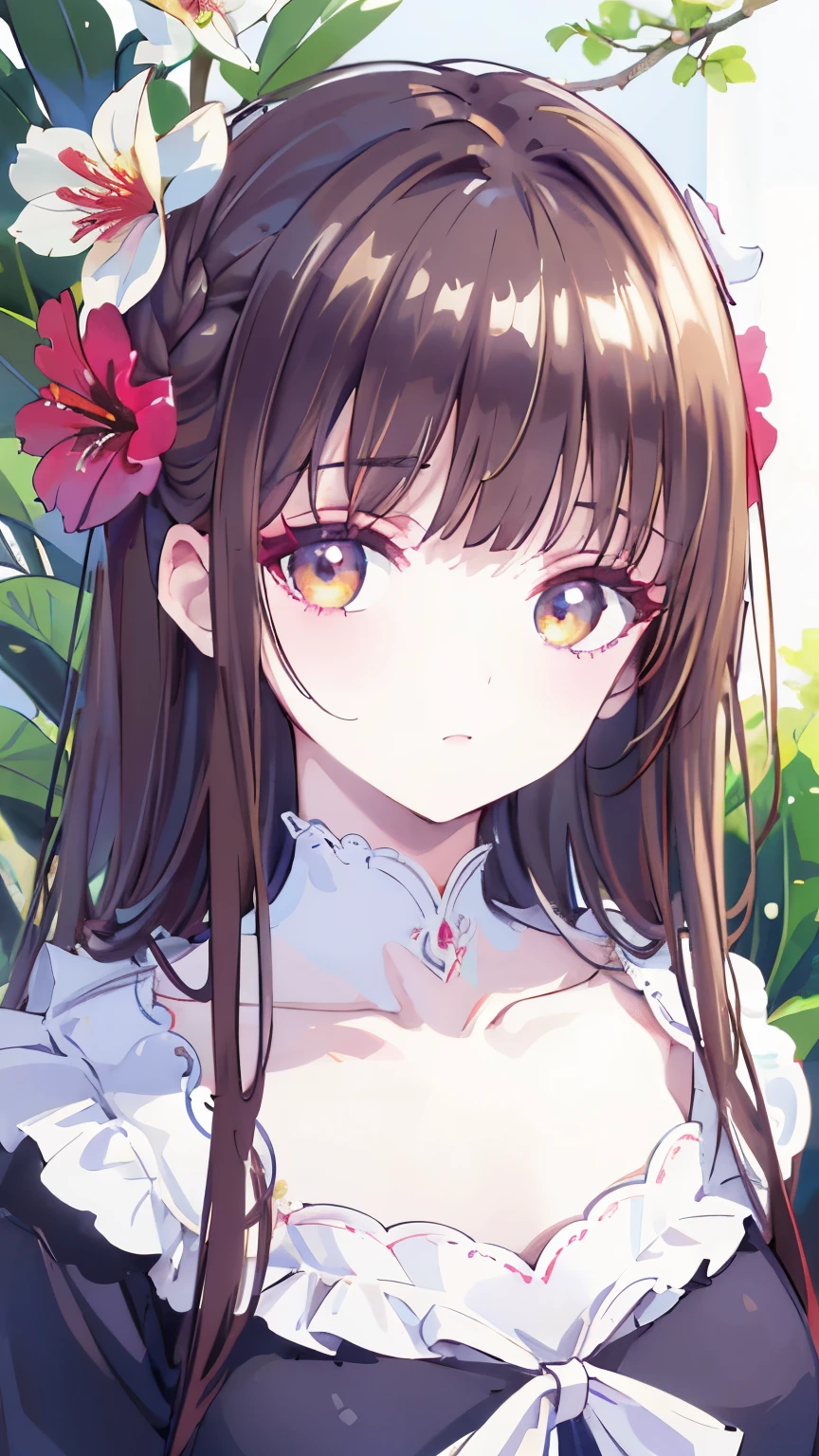 ((best quality)), ((masterpiece)), (detailed), perfect face, ((Best quality, 8k, Masterpiece: 1.3)), Sharp focus A beautiful woman, Highly detailed face and skin texture, Detailed eyes, Double eyelid, A girl with a large flower decoration in her hair, hibiscus, phalaenopsis, dahlia, , brown hair, low twin braids