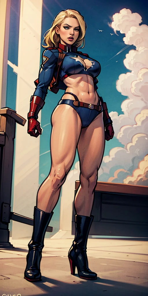 full body woman dressed in a bikini with the uniform of Captain America, blonde, blue eyes, view from below, far shot