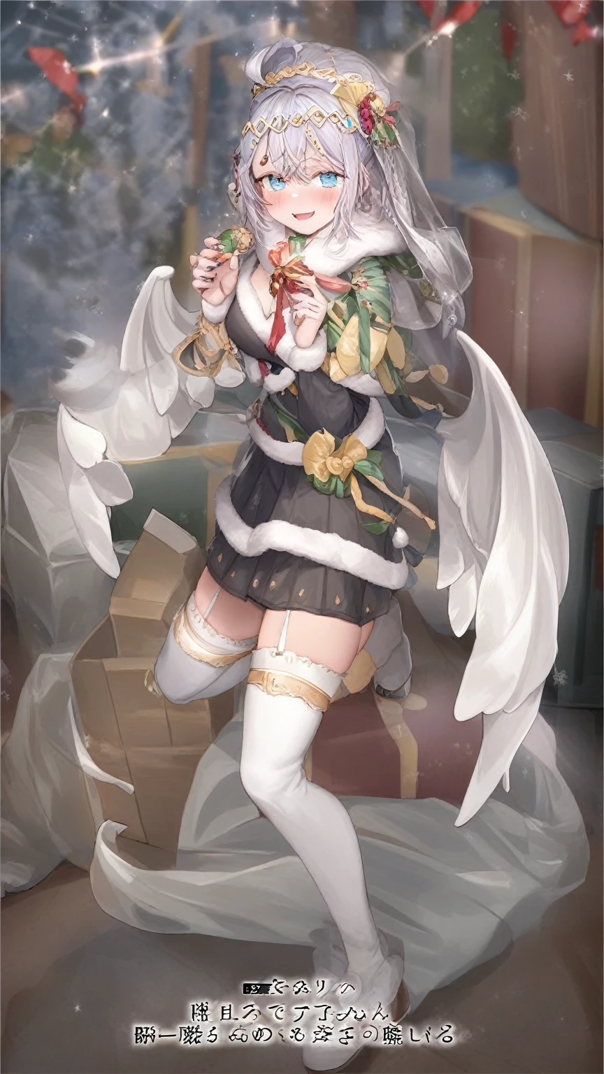 1 chica,  Alisa Mikhailovna kujou,tokidoki bosotto roshia-go de dereru tonari no arya-san,solo, pelo largo, eyebrows visible through hair, pelo entre los ojos, cabello plateado, Cinta para el pelo, blue eyes, pechos medianos, ,calzas blancas,zettai ryouiki, mangas largas, chaqueta,
de un lado, plano general, looking back, feliz, Geezer, boca abierta,
mejor calidad, muy estetico, absurdos