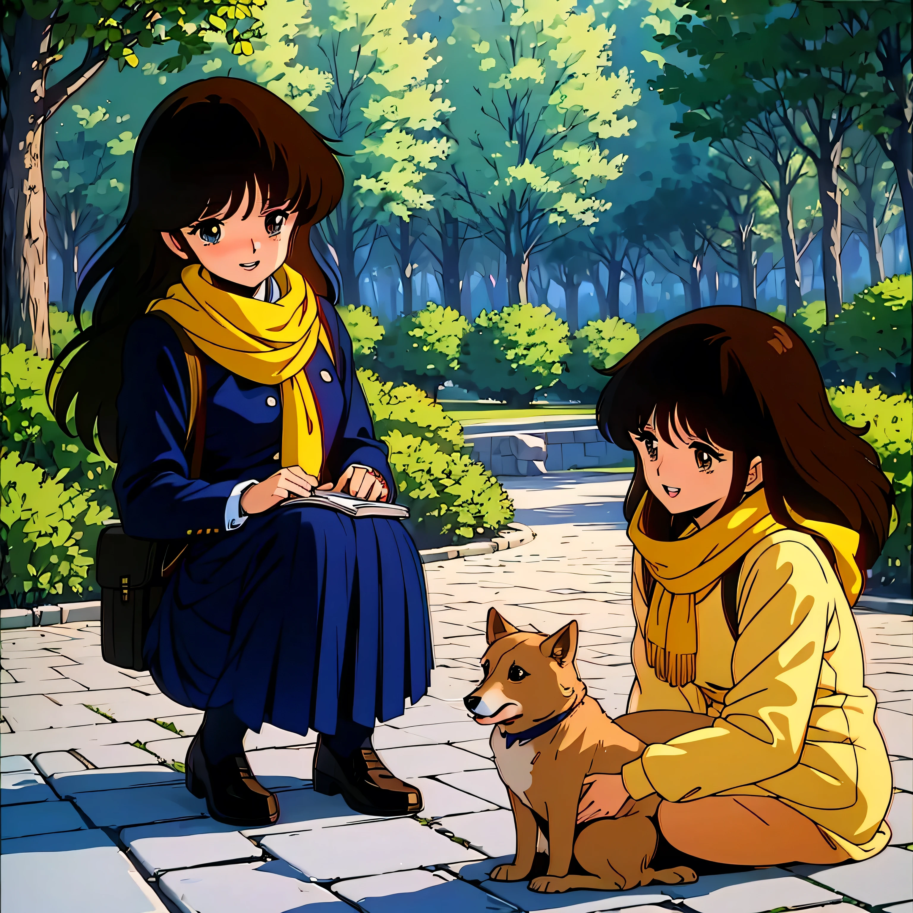 (Masterpiece Anime, One, Retro art style, Clean brush strokes, Very detailed, Perfect Anatomy, Browsing Caution), winter park background, Cobblestones, Trees with fallen leaves, Dead leaves are dancing, (cream_ami), １Girl, (Full Body Shot), Eyebrows visible through hair, bangs, Dark brown hair, Long Hair, brown eyes, (Sansakumaru:1.4), (Beautiful and detailed:1.2), Open your mouth a little, smile, (Sitting), (On top of uniform, Navy blue), (Uniform skirt, Navy blue), (Wearing a yellow scarf), (Petting a puppy), Leather student bag, 