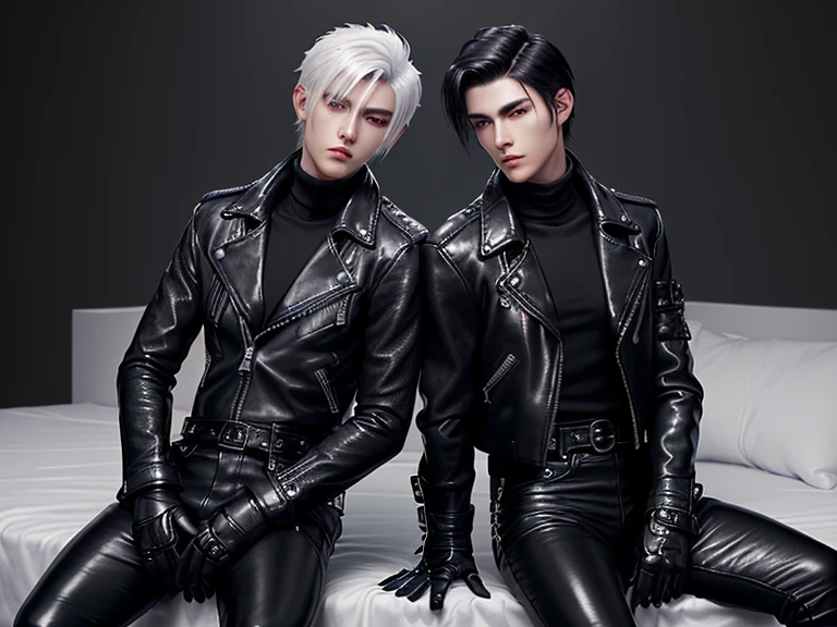 Final Fantasy-style graphics, young, Cute and cool two Japanese boys,borth Thin eyebrows and big eyes, both wearing a shiny white single-breasted leather jacket.......。Biker style leather jacket、 with epaulettes, The jacket is zipped up, The jacket pockets are black., The jacket has a high stand-up collar with a belt, Also wearing a black turtleneck, Black Leather Pants, Thin black leather gloves on both hands, Black leather knee-high lace-up boots, Show me your ((whole body)) from head to toe, Final Fantasy Style、((good looking))、((Age: 20 years old))、((good looking))、((Clear eyes and nose))、((Shiny white single leather jacket))、((The jacket must be white color.))、((The jacket has epaulettes))、((Jacket has a high stand-up collar and belt))、((The jacket has a black pocket))、((Black turtleneck shirt))、((Black Leather Pants))、((Always wear shiny black leather gloves on both hands))、((Cover all fingers on both hands with gloves))、((Black lace-up leather long boots))、((View full-body images from a distance))、Realistic image quality and texture、In a small cell、((close the eyes))、A kind smile、((The front of the jacket is closed with a zipper))、((No skin below the neck))、((round face)、((Short Hairstyleedium build))、((Upright posture))、((don't sit))、((borh sleeping with bed))、((he handcuffed both hands))