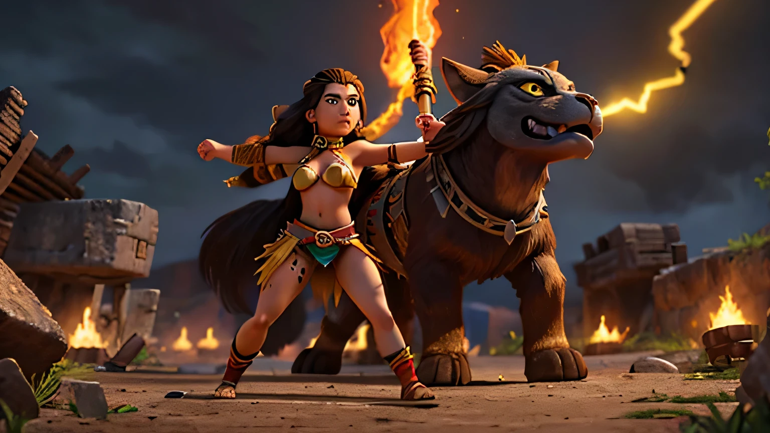 The Mayan warrior woman is a true masterpiece, her every movement a display of strength and grace. As she stands in the midst of a dark and gritty landscape, her charming face belies the fury within. With wild yellow lightning as her ally, she is a force to be reckoned with.

