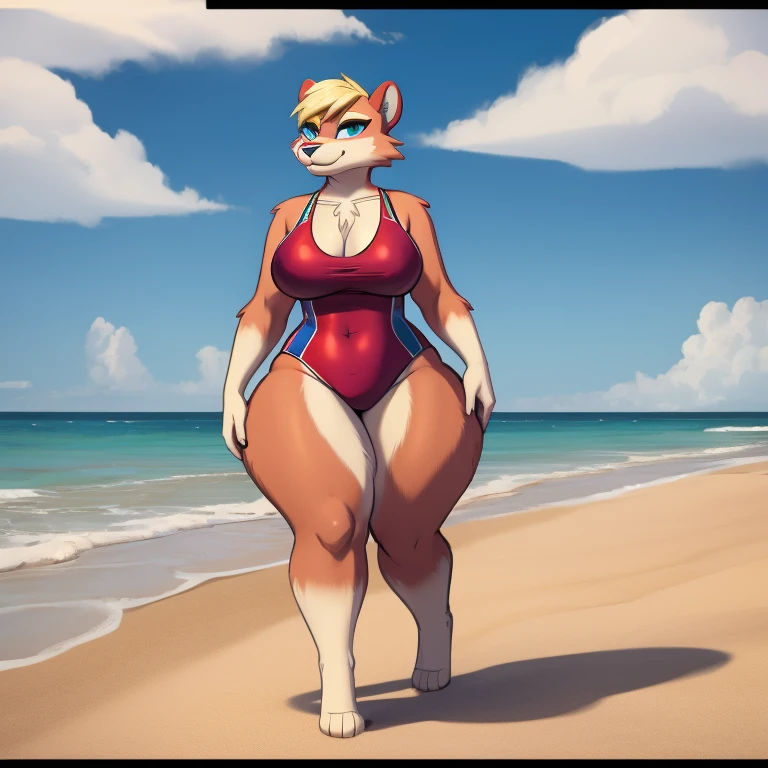 a anthropomorphic white descent female mink wearing a red swimsuit and has sexy thighs and walking in the beach in the furry animation style in comic aesthetic