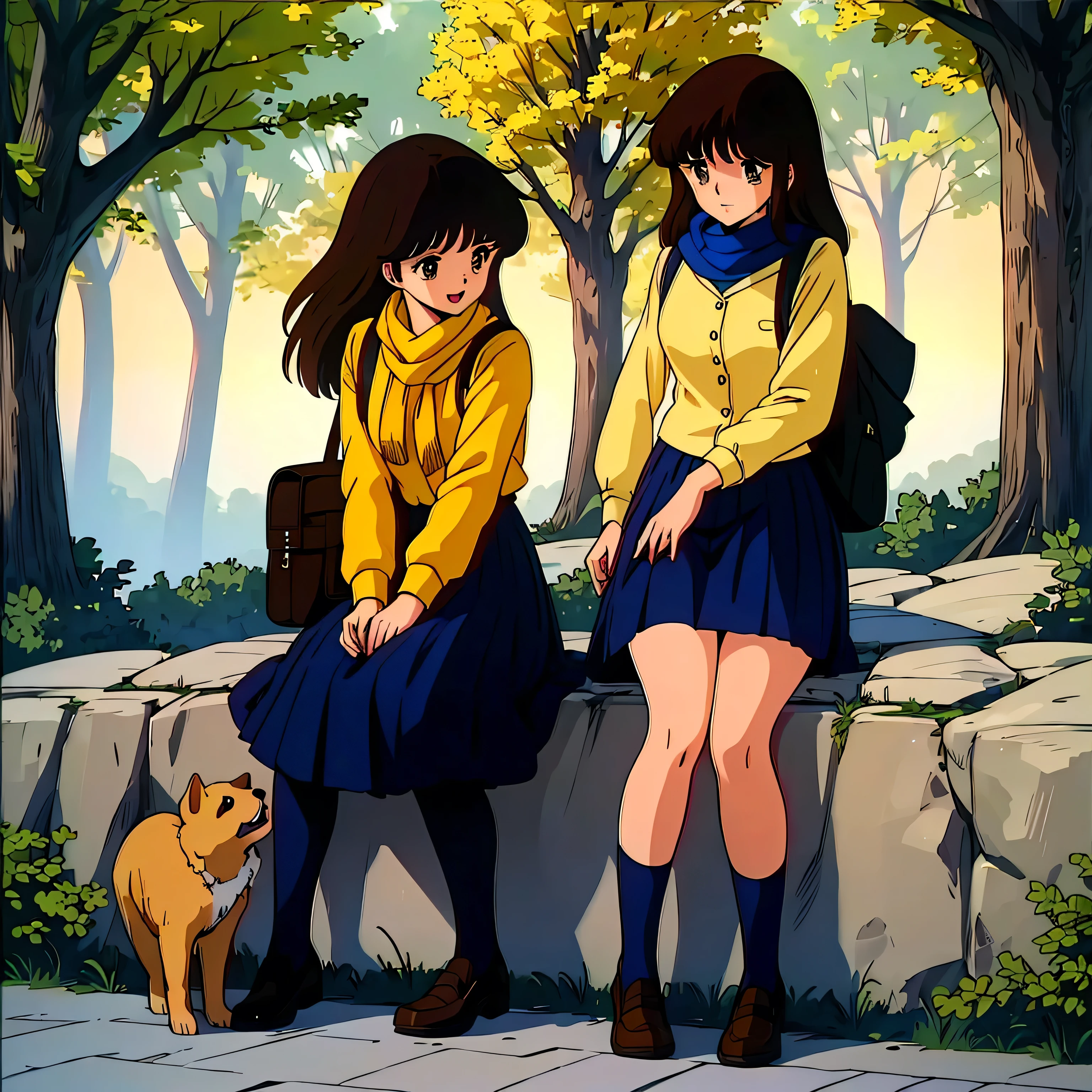 (Masterpiece Anime, One, Retro art style, Clean brush strokes, Very detailed, Perfect Anatomy, Browsing Caution), winter park background, Cobblestones, Trees with fallen leaves, Dead leaves are dancing, (cream_ami), １Girl, (Full Body Shot), Eyebrows visible through hair, bangs, Dark brown hair, Long Hair, brown eyes, (Sansakumaru:1.4), (Beautiful and detailed:1.2), Open your mouth a little, smile, (Sitting), (On top of uniform, Navy blue), (Uniform skirt, Navy blue), (Wearing a yellow scarf), (Petting a puppy), Leather student bag, 