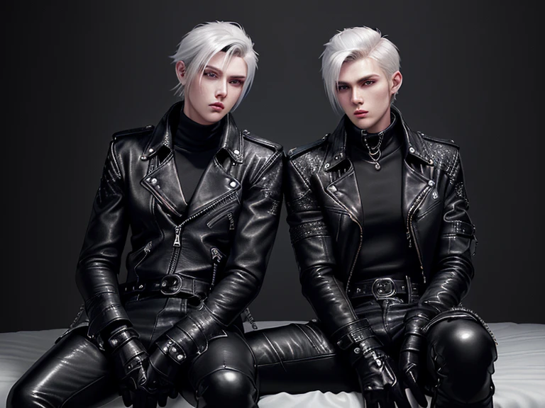 Final Fantasy-style graphics, young, Cute and cool two Japanese boys,borth Thin eyebrows and big eyes, both wearing a shiny white single-breasted leather jacket.......。Biker style leather jacket、 with epaulettes, The jacket is zipped up, The jacket pockets are black., The jacket has a high stand-up collar with a belt, Also wearing a black turtleneck, Black Leather Pants, Thin black leather gloves on both hands, Black leather knee-high lace-up boots, Show me your ((whole body)) from head to toe, Final Fantasy Style、((good looking))、((Age: 20 years old))、((good looking))、((Clear eyes and nose))、((Shiny white single leather jacket))、((The jacket must be white color.))、((The jacket has epaulettes))、((Jacket has a high stand-up collar and belt))、((The jacket has a black pocket))、((Black turtleneck shirt))、((Black Leather Pants))、((Always wear shiny black leather gloves on both hands))、((Cover all fingers on both hands with gloves))、((Black lace-up leather long boots))、((View full-body images from a distance))、Realistic image quality and texture、In a small cell、((close the eyes))、A kind smile、((The front of the jacket is closed with a zipper))、((No skin below the neck))、((round face)、((Short Hairstyleedium build))、((Upright posture))、((don't sit))、((borh sleeping with bed))、((he handcuffed both hands))