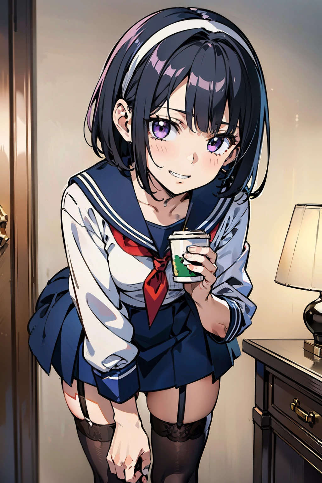 sailor uniform, sailor suit, one woman, (A beauty woman, Delicate high school girl:1.3), 8K, highest quality, masterpiece, Very detailed, Ultra-high resolution, Realistic, RAW Photos, Absolute Resolution, Black Hair, Bobcut, Small face compared to body, Very small face, Black Hair, Navy blue sailor suit, Navy Blue Skirt, High school girl in sailor suit, 2D Rendering of Anime, Realistic若いアニメの女子高生, , ((White headband)), Small breasts, tall, Slanted Eyes, Purple Eyes, Black Stockings, garter belt, ttoothy grin, Private room, (Hold a coffee cup in your right hand Holding a cookie in the left hand:1.3), Top-down position,