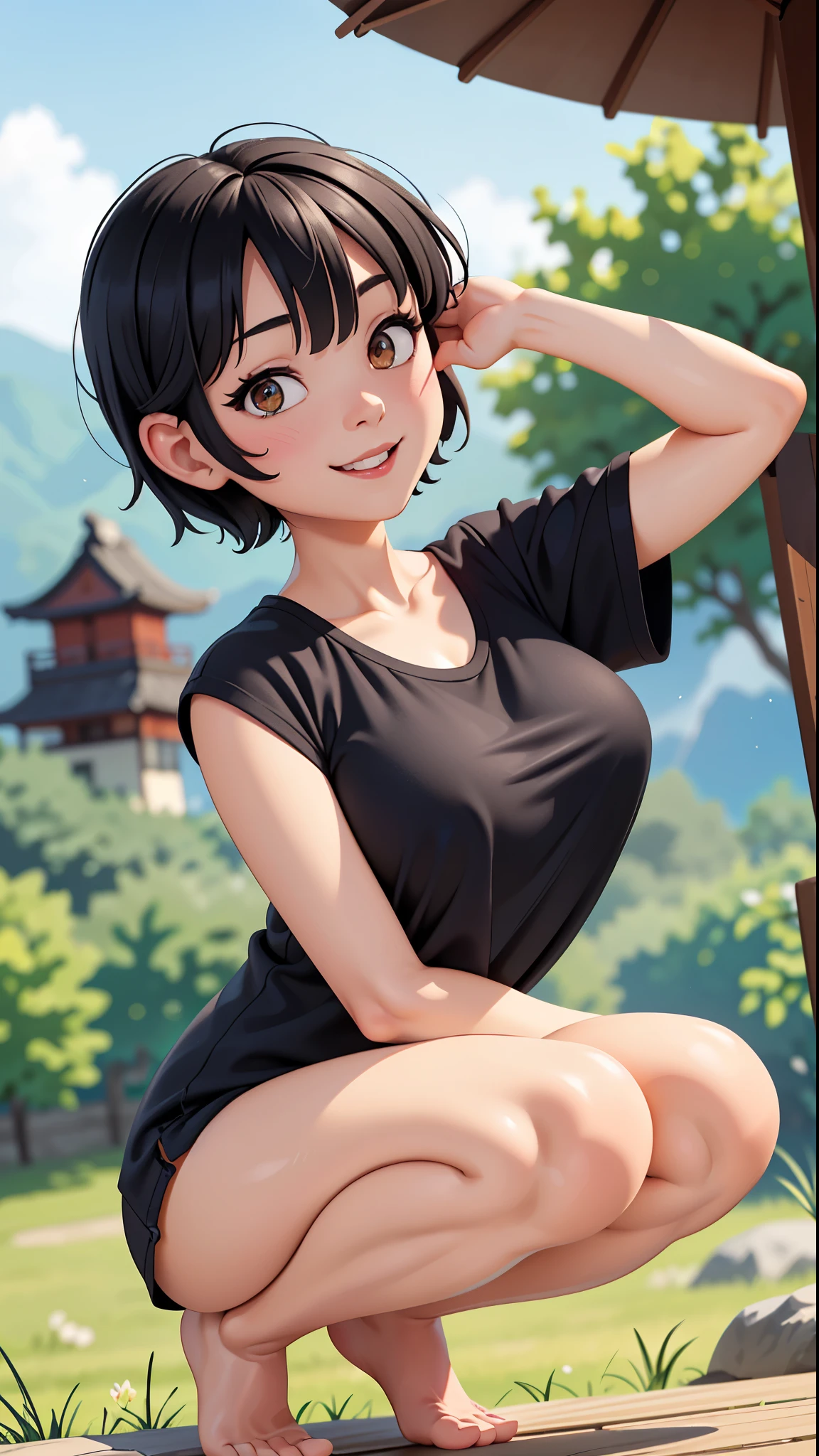 (Best quality, 8k, 32k, Masterpiece, UHD:1.2),Photo of Pretty Japanese woman,black short hair,beauty face,(leaning forward:1.3),squatting,(from above:1.2),(close up:1.4),pov,,looking at another,smile, loose t-shirt,large breasts,beautiful nipple slip,outdoors,windy,shiny skin,blurry background