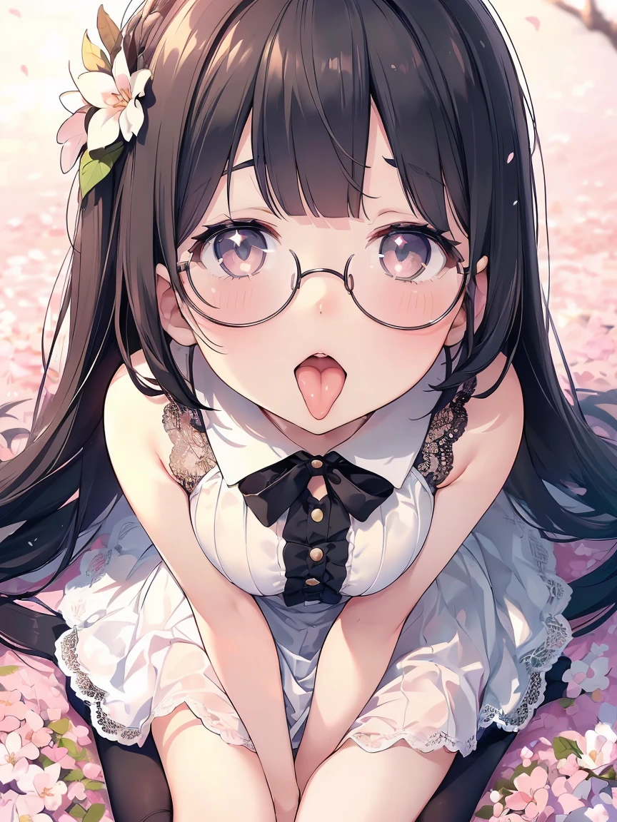 Very detailed, highest quality, High resolution, Moe Anime, ((Cute girl with black hair and droopy eyes)), ((Wearing large round glasses:1.4)), (Baby Face), Cute eyes, Detailed eye depiction, Sparkle in the eyes, View your viewers, Pale skin, (Big eyes:1.4, Droopy eyes:1.4, Fatty face:1.4), smile, Focus on the face, In the park with cherry blossoms falling, On all fours, (Extreme close up of tongue), (((From above))), Open your mouth, (((Face only:1.3))), ((white lace sleeveless dress)), Bright Eyes, Light from the front, (Put your hands between your legs:1.4), large and long tongue