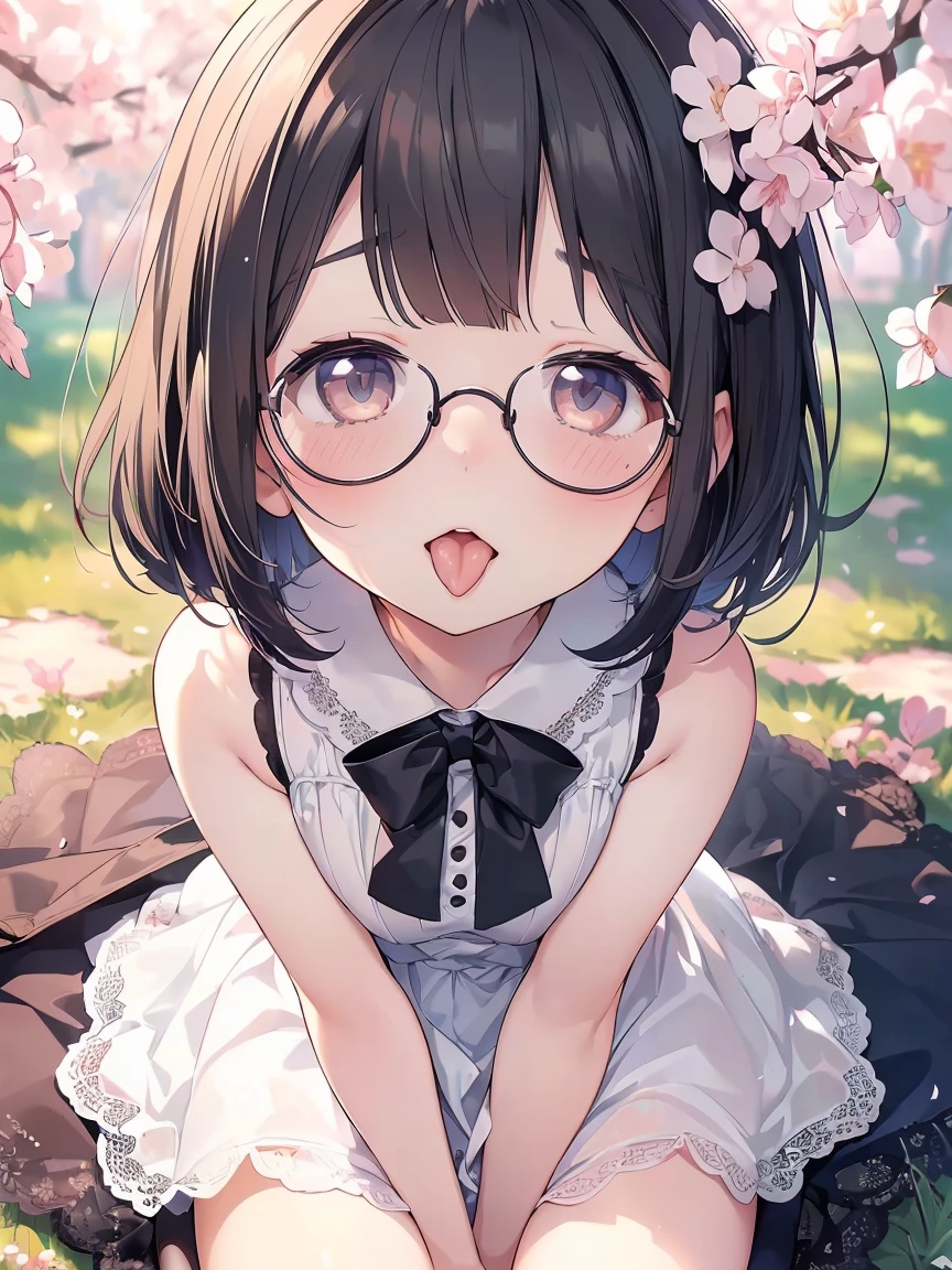 Very detailed, highest quality, High resolution, Moe Anime, ((Cute girl with black hair and droopy eyes)), ((Wearing large round glasses:1.4)), (Baby Face), Cute eyes, Detailed eye depiction, Sparkle in the eyes, View your viewers, Pale skin, (Big eyes:1.4, Droopy eyes:1.4, Fatty face:1.4), smile, Focus on the face, In the park with cherry blossoms falling, On all fours, (Extreme close up of tongue), (((From above))), Open your mouth, (((Face only:1.3))), ((white lace sleeveless dress)), Bright Eyes, Light from the front, (Put your hands between your legs:1.4), large and long tongue