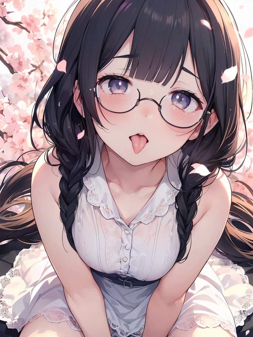 Very detailed, highest quality, High resolution, Moe Anime, ((Cute girl with black hair and droopy eyes)), ((Wearing large round glasses:1.4)), (Baby Face), Cute eyes, Detailed eye depiction, Sparkle in the eyes, View your viewers, Pale skin, (Big eyes:1.4, Droopy eyes:1.4, Fatty face:1.4), smile, Focus on the face, In the park with cherry blossoms falling, On all fours, (Extreme close up of tongue), (((From above))), Open your mouth, (((Face only:1.3))), ((white lace sleeveless dress)), Bright Eyes, Light from the front, (Put your hands between your legs:1.4), large and long tongue